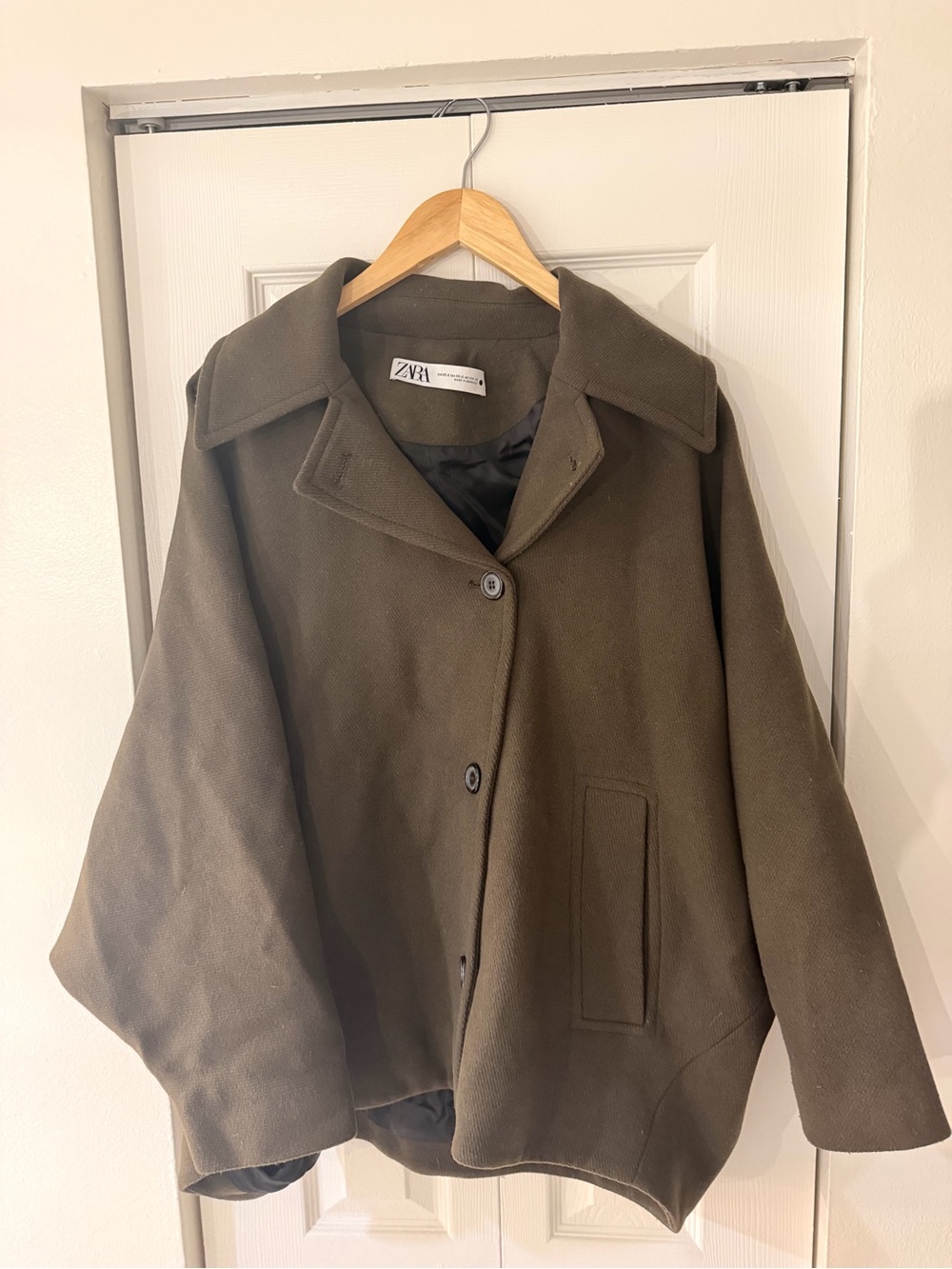 ZARA Olive Pea Coat in Deep Olive Green